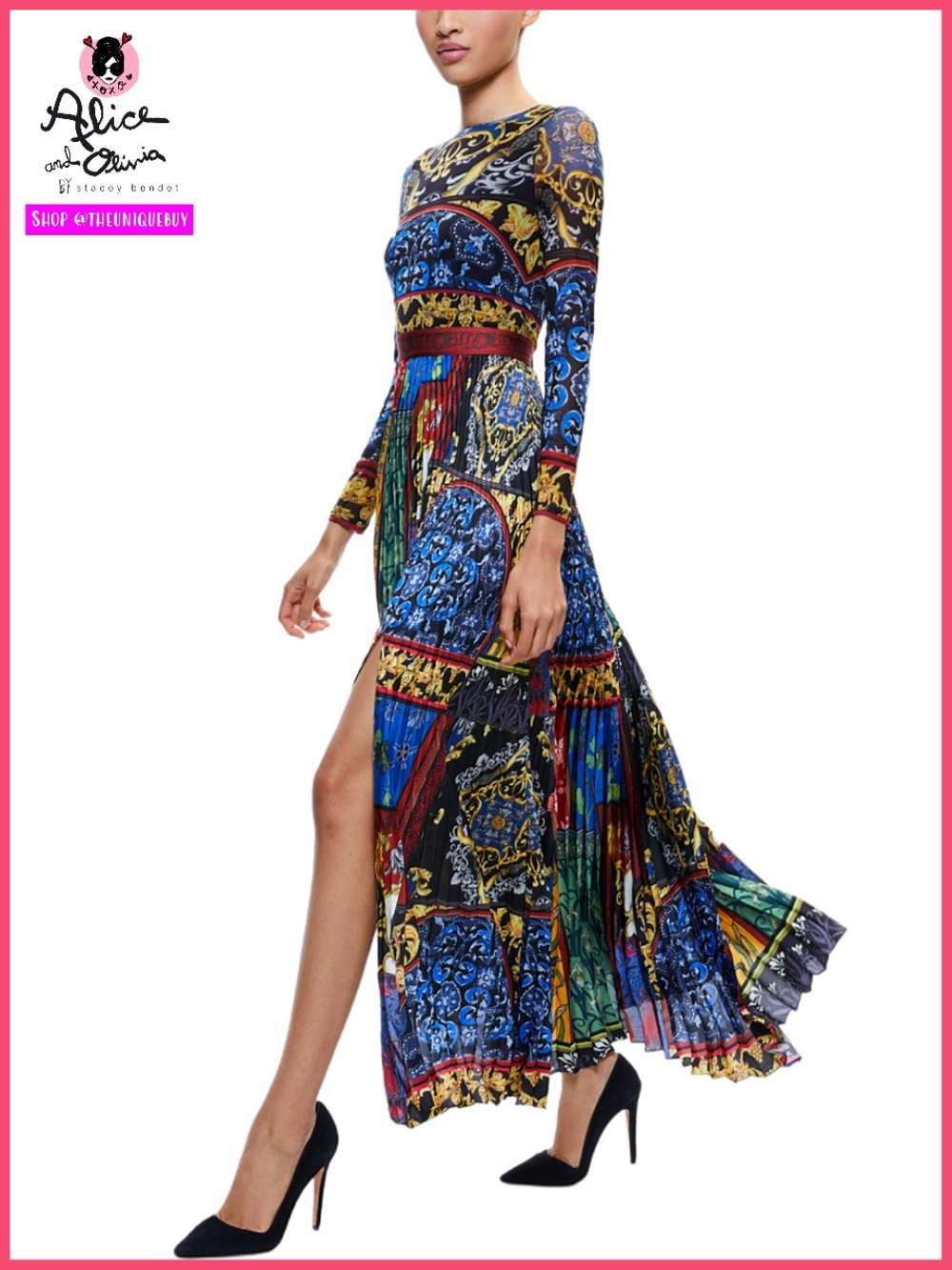 Alice + Olivia Ivey Multicolored Pleated Skirt Maxi Dress